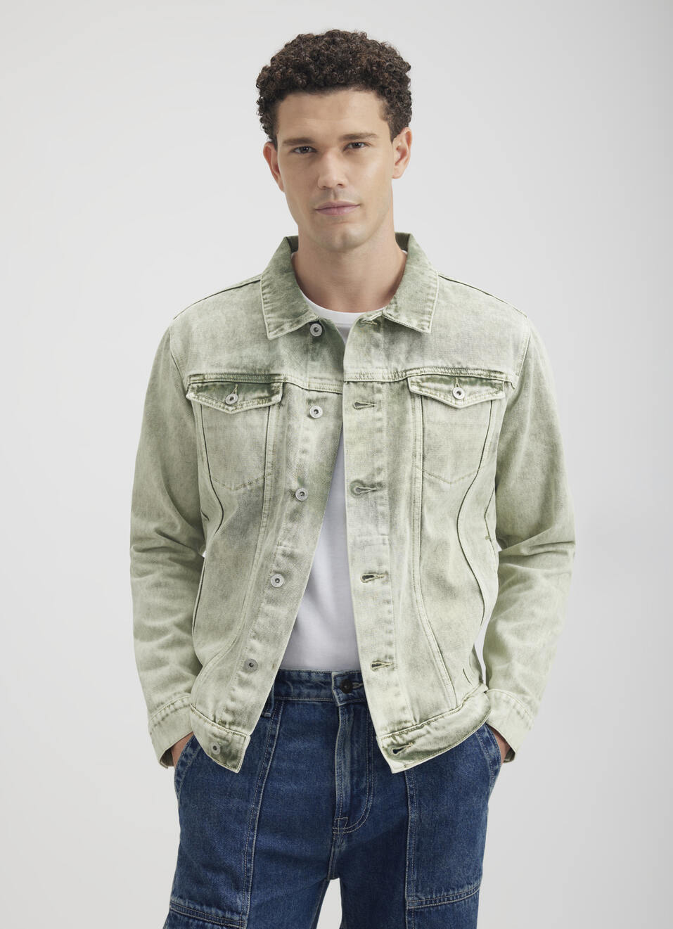 Men Green Full Sleeve Trucker Jacket, , large image number 1