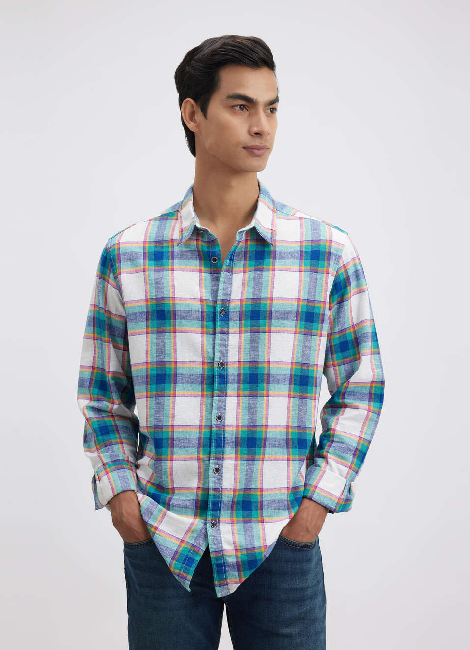 Men Teal Check Full Sleeve Shirt, , large image number 1