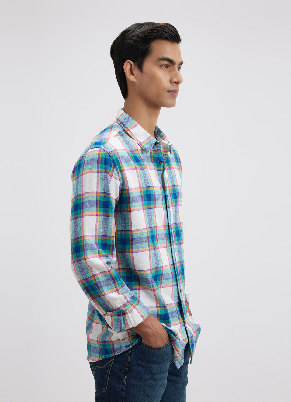 Men Teal Check Full Sleeve Shirt, , large image number 3