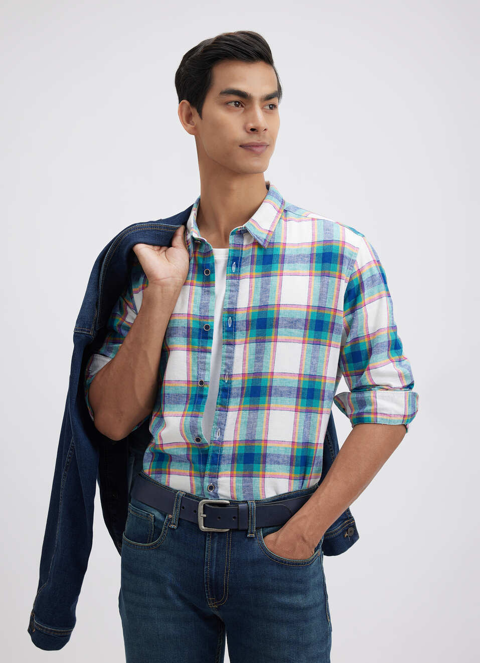 Men Teal Check Full Sleeve Shirt, , large image number 0