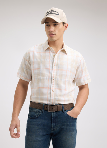 Men Beige Check Short Sleeve Shirt