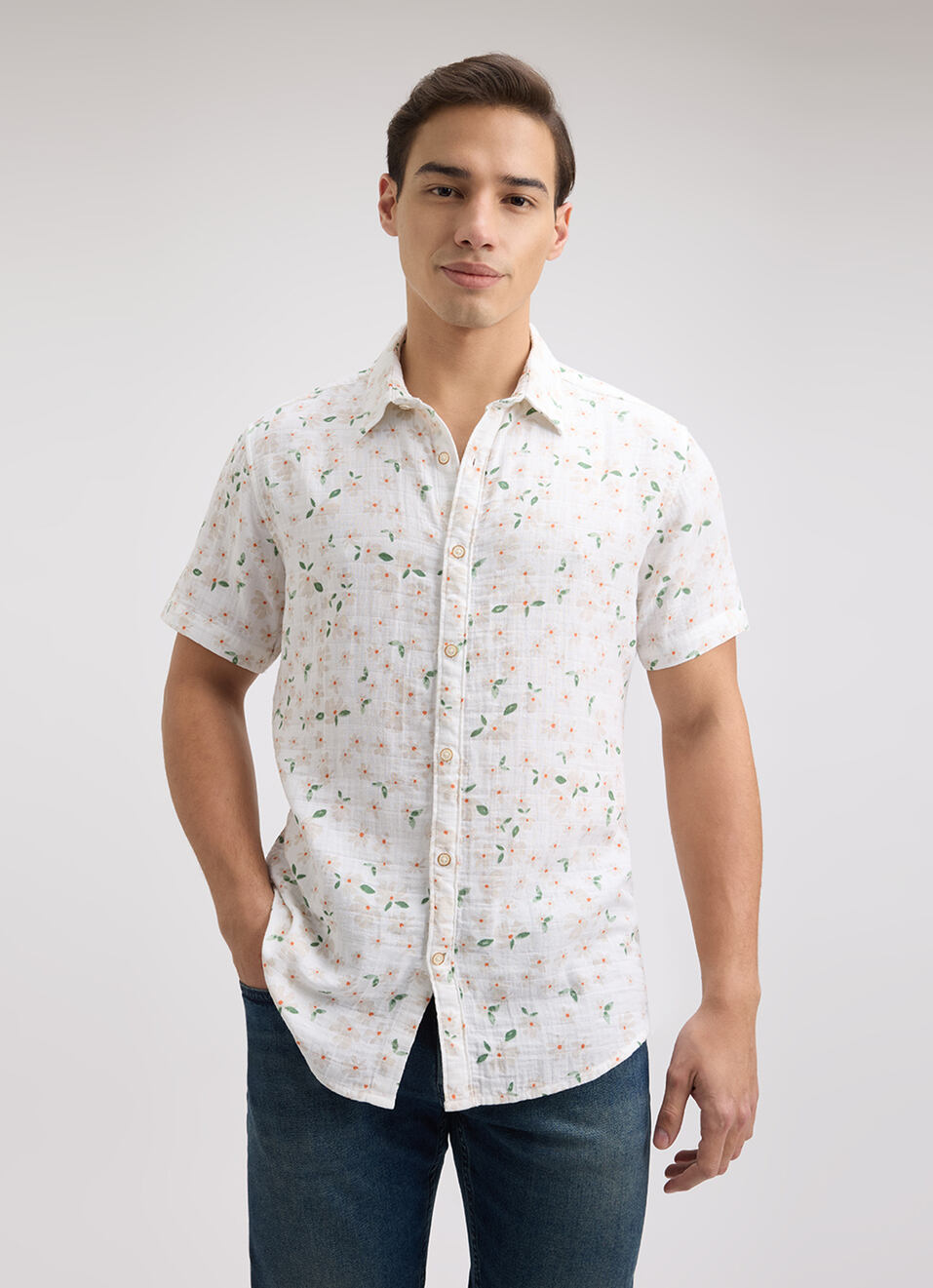 Men White Floral Print Short Sleeve Shirt, , large image number 1