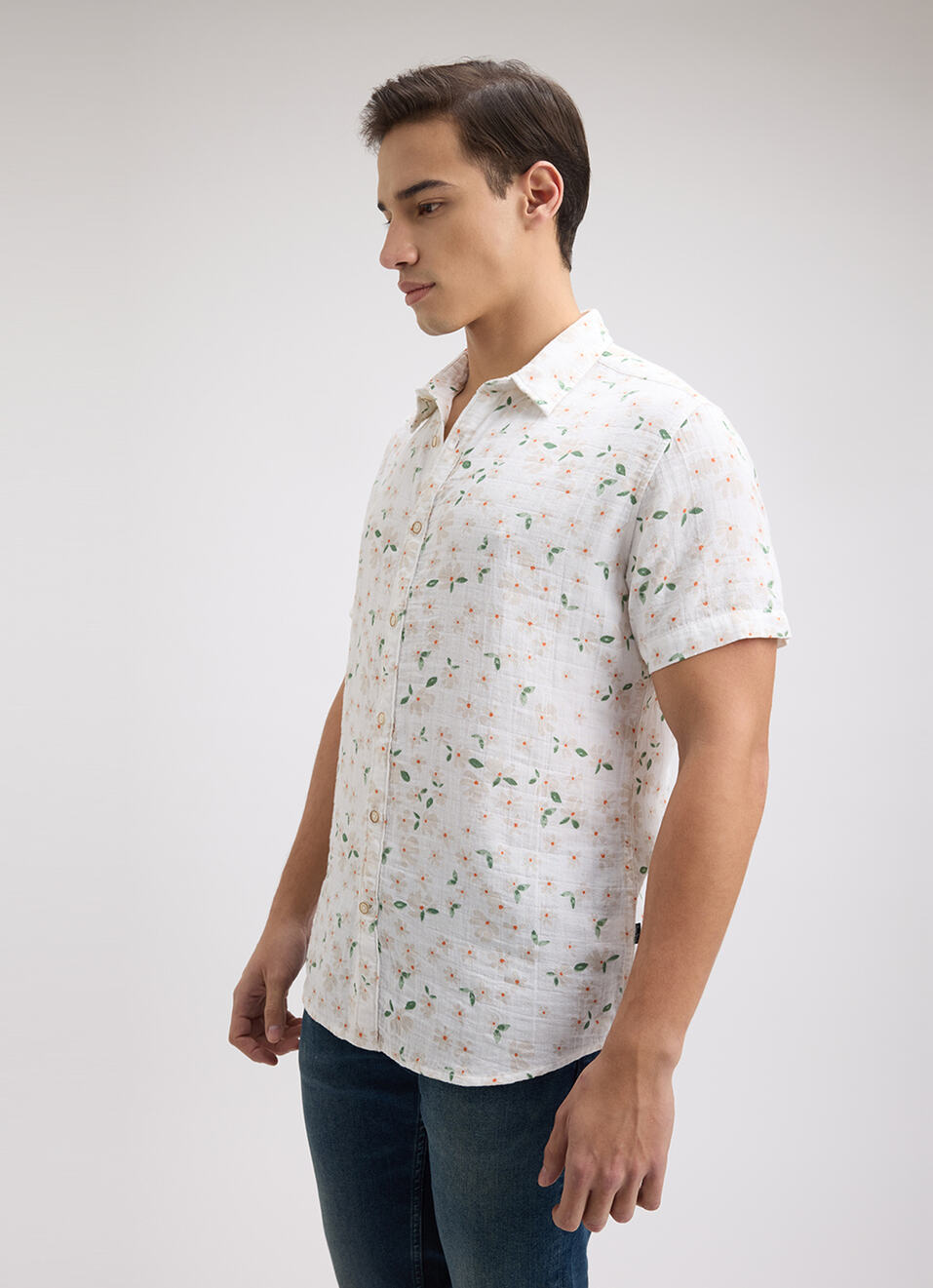Men White Floral Print Short Sleeve Shirt, , large image number 3