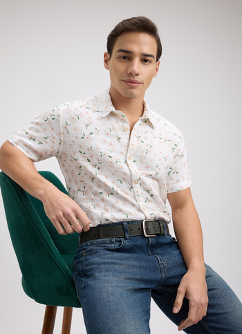 Men White Floral Print Short Sleeve Shirt