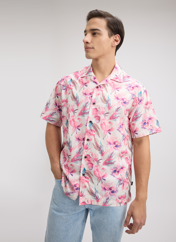 Men Peach Floral Print Resort Collar Shirt