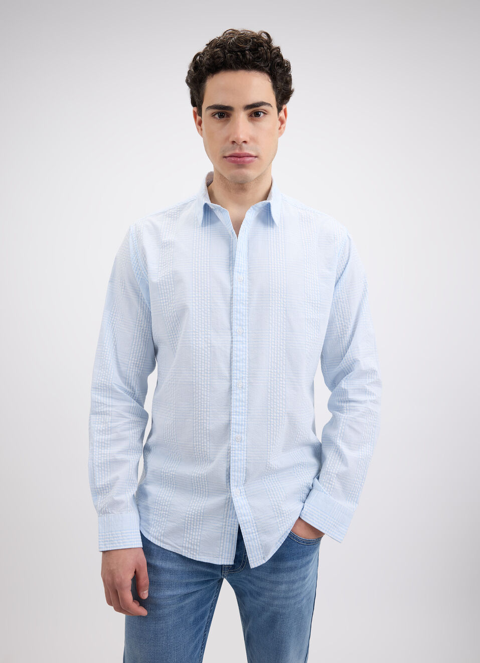 Men Blue Check Full Sleeve Shirt, , large image number 1