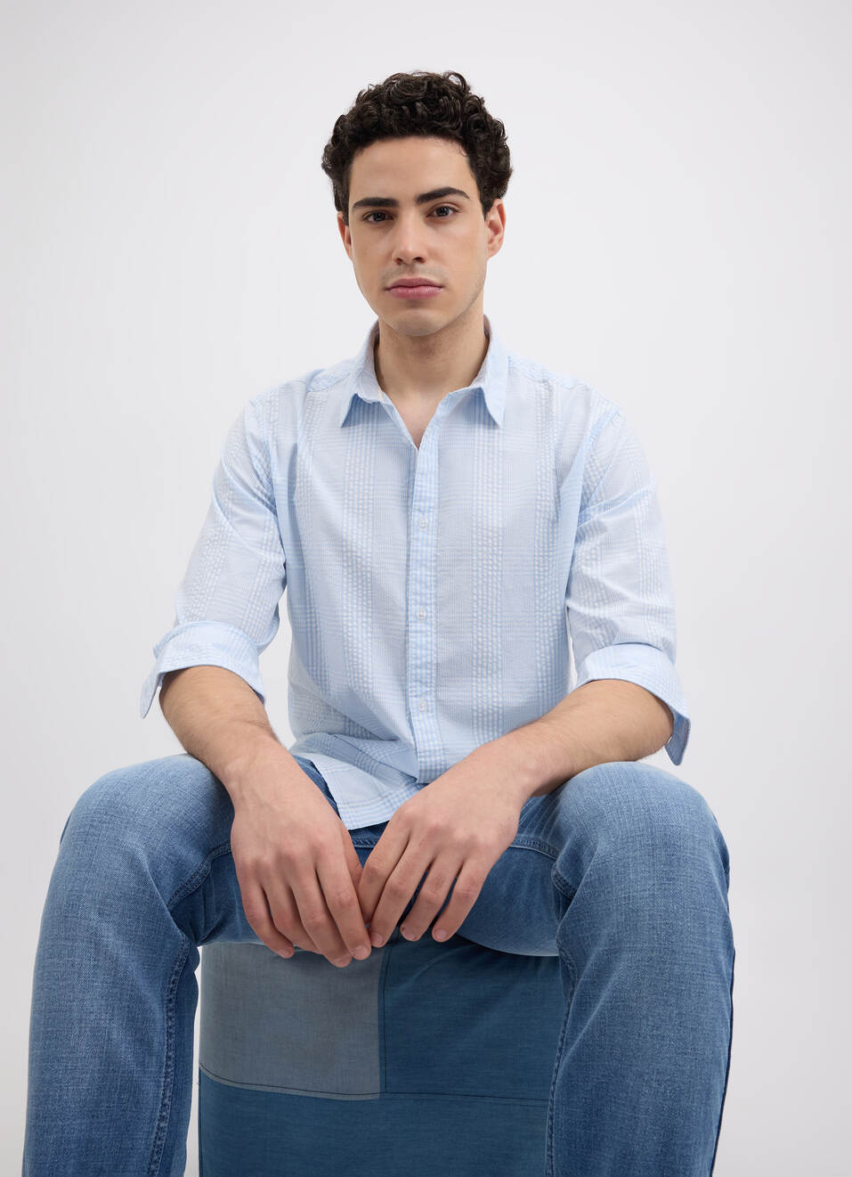 Men Blue Check Full Sleeve Shirt, , large image number 0