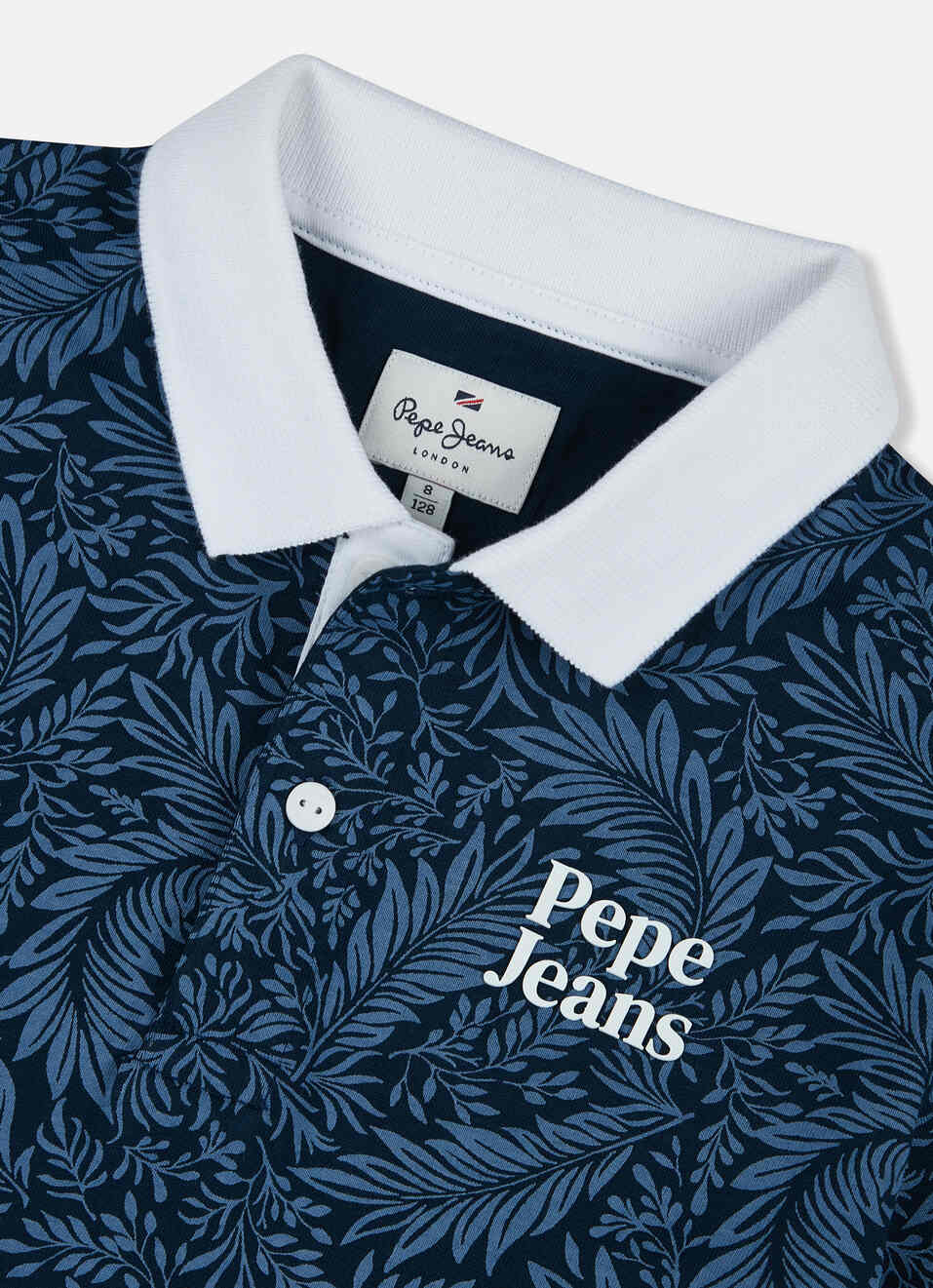 Boys Navy Leaf Print Short Sleeve Polo, , large image number 2