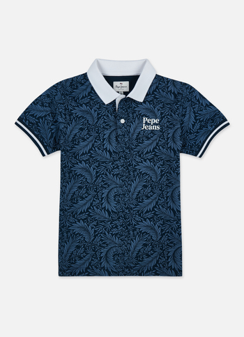Boys Navy Leaf Print Short Sleeve Polo