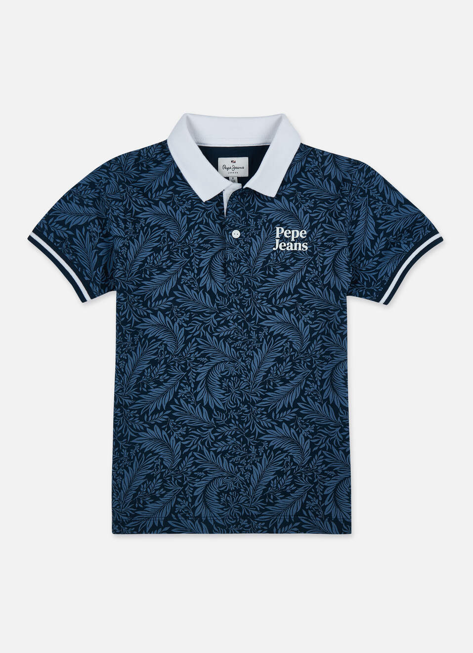 Boys Navy Leaf Print Short Sleeve Polo, , large image number 0