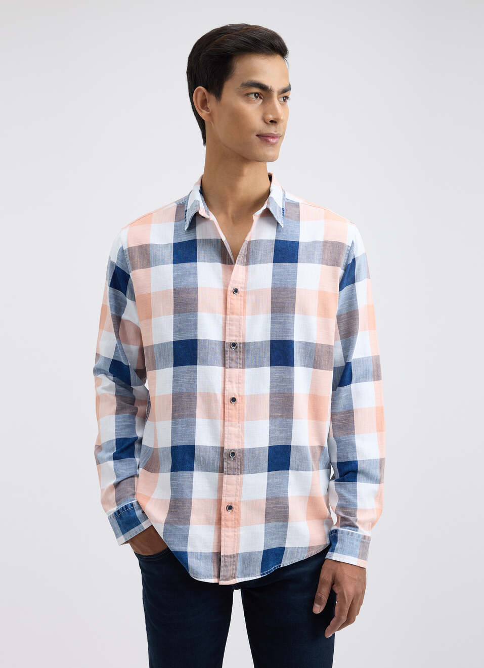 Men Peach Check Full Sleeve Shirt, , large image number 1