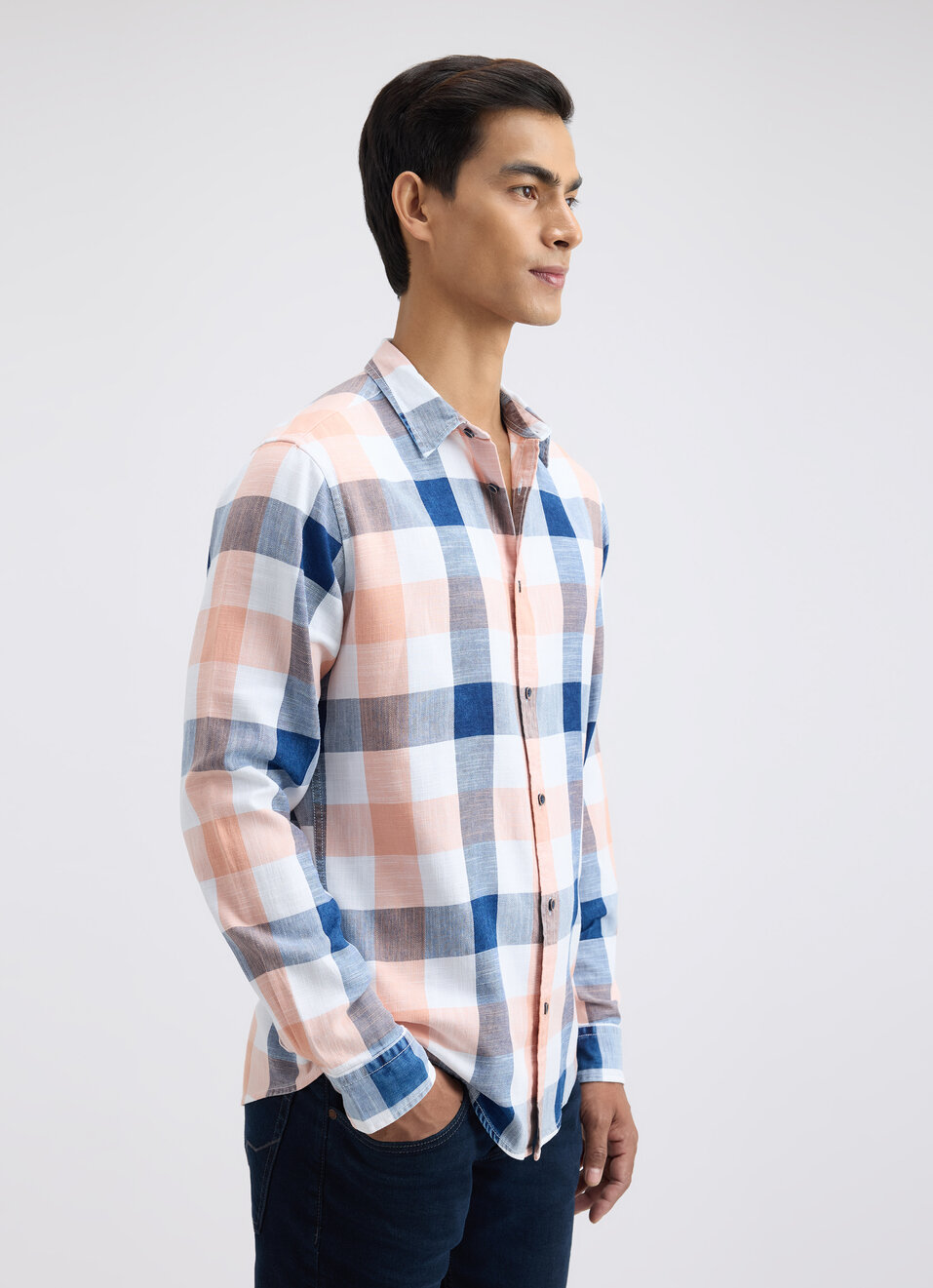 Men Peach Check Full Sleeve Shirt, , large image number 3