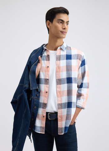 Men Peach Check Full Sleeve Shirt