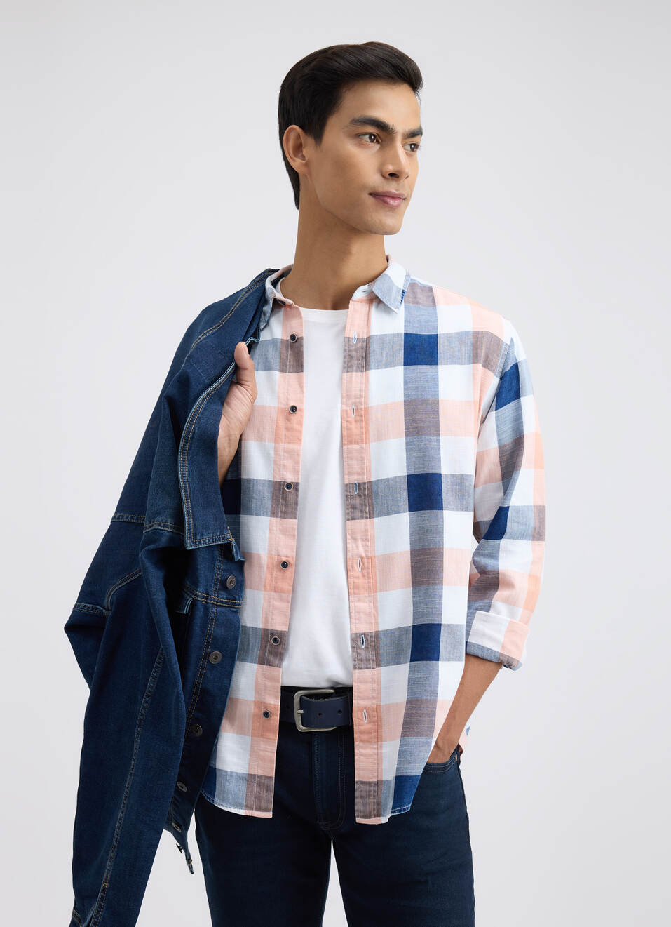 Men Peach Check Full Sleeve Shirt, , large image number 0