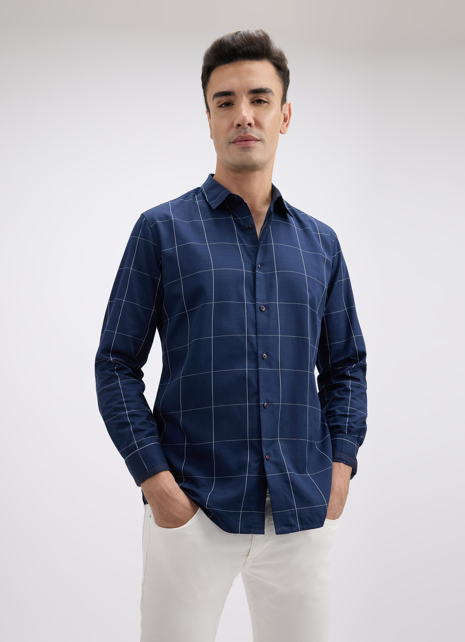 Men Navy Check Full Sleeve Shirt, , large image number 0