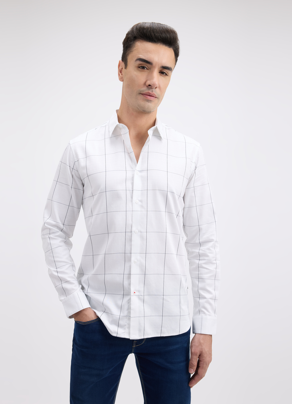 Men White Check Full Sleeve Shirt, , large image number 1