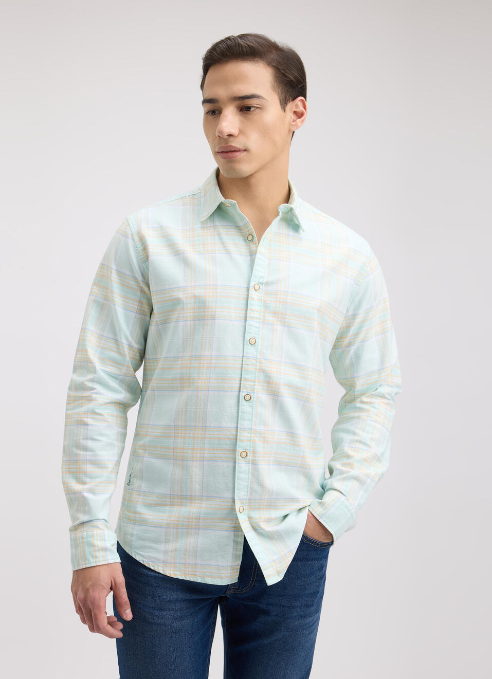 Men Green Oxford Check Full Sleeve Shirt, , large image number 0