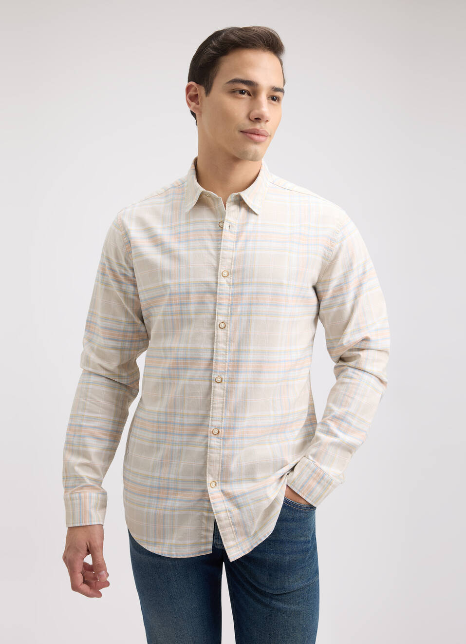 Men Beige Oxford Check Full Sleeve Shirt, , large image number 1