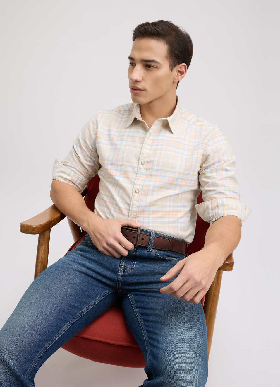 Men Beige Oxford Check Full Sleeve Shirt, , large image number 0