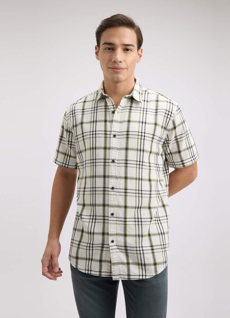 Men Green Check Short Sleeve Shirt, , large image number 1