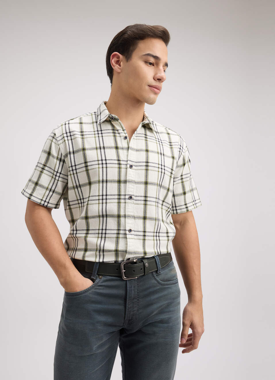 Men Green Check Short Sleeve Shirt, , large image number 0