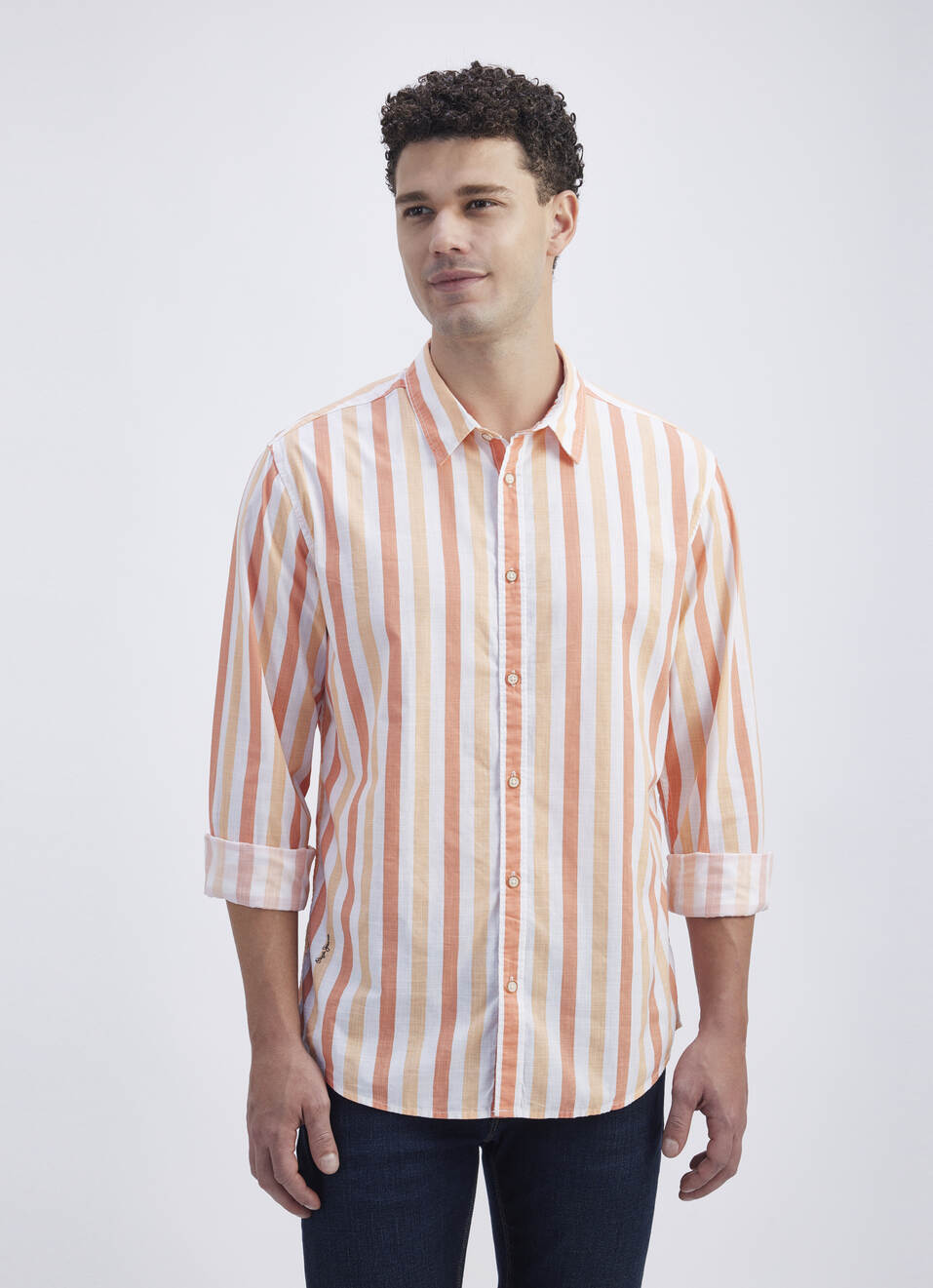Men Peach Vertical Stripe Full Sleeve Shirt, , large image number 1