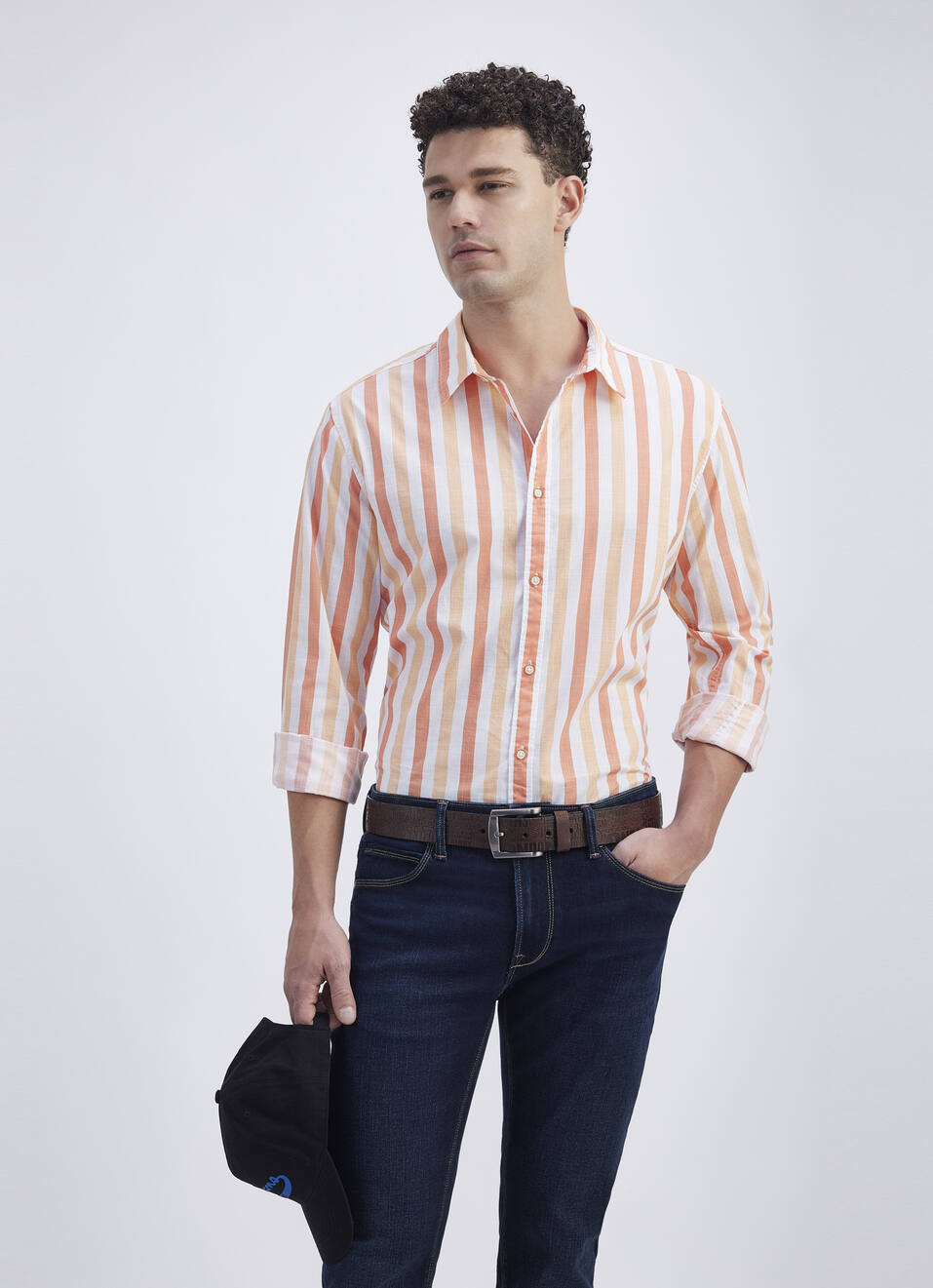 Men Peach Vertical Stripe Full Sleeve Shirt, , large image number 0