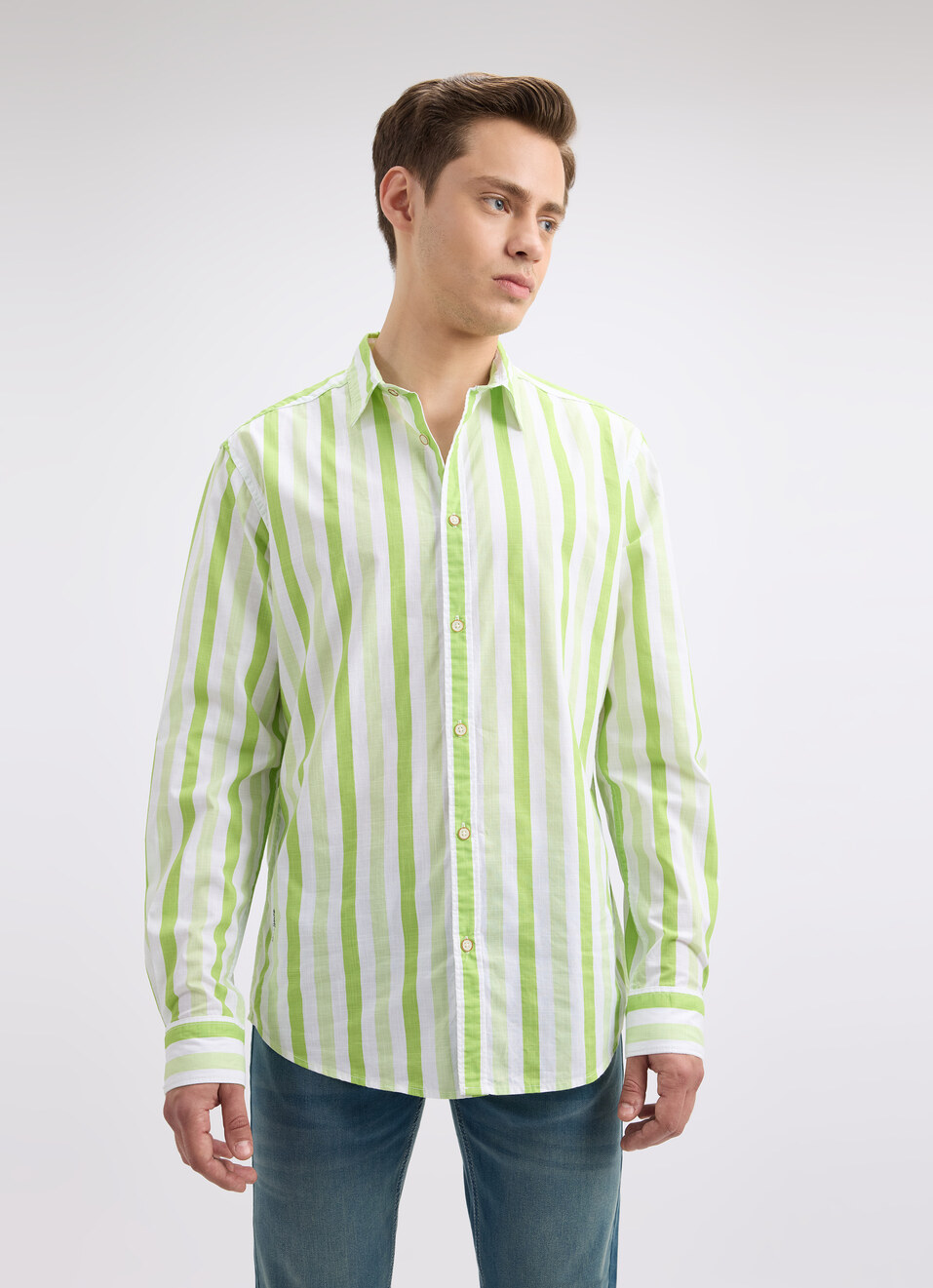 Men Green Vertical Stripe Full Sleeve Shirt, , large image number 1