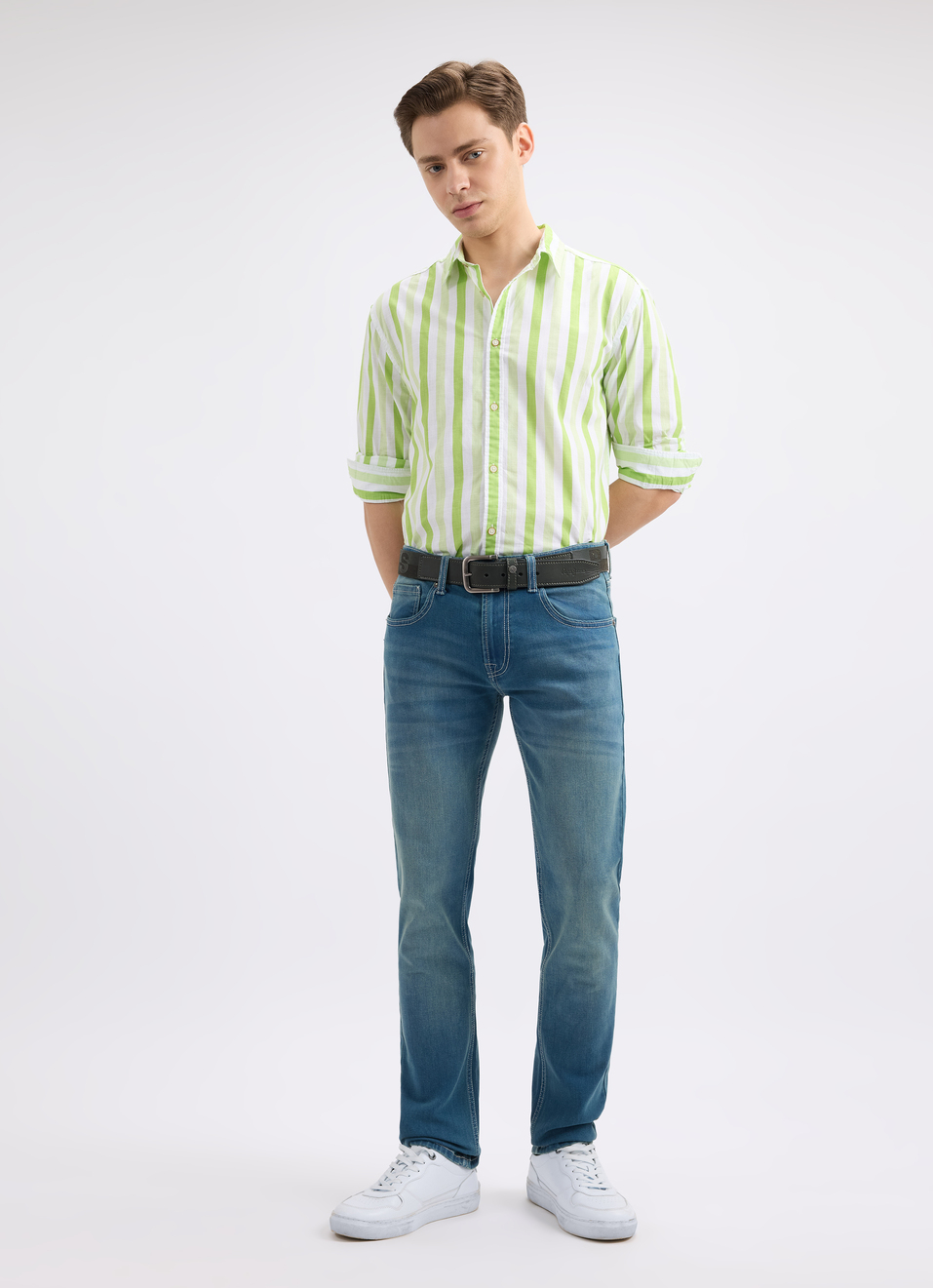 Men Green Vertical Stripe Full Sleeve Shirt, , large image number 5
