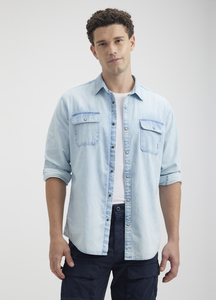 Men Blue Double Flap Pocket Full Sleeve Denim Shirt | Pepe