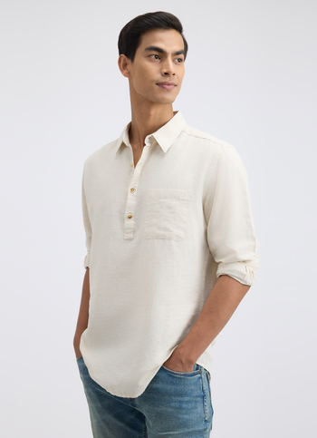 Men Beige Half Placket Full Sleeve Shirt