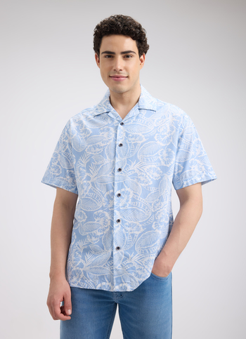 Men Blue Resort Collar Floral Print Short Sleeve Shirt
