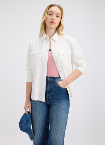 Women Ecru Double Flap Pocket Full Sleeve Oversized Denim Shirt