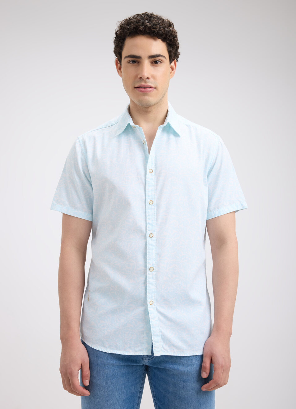 Men Blue Floral Print Short Sleeve Shirt, , large image number 1
