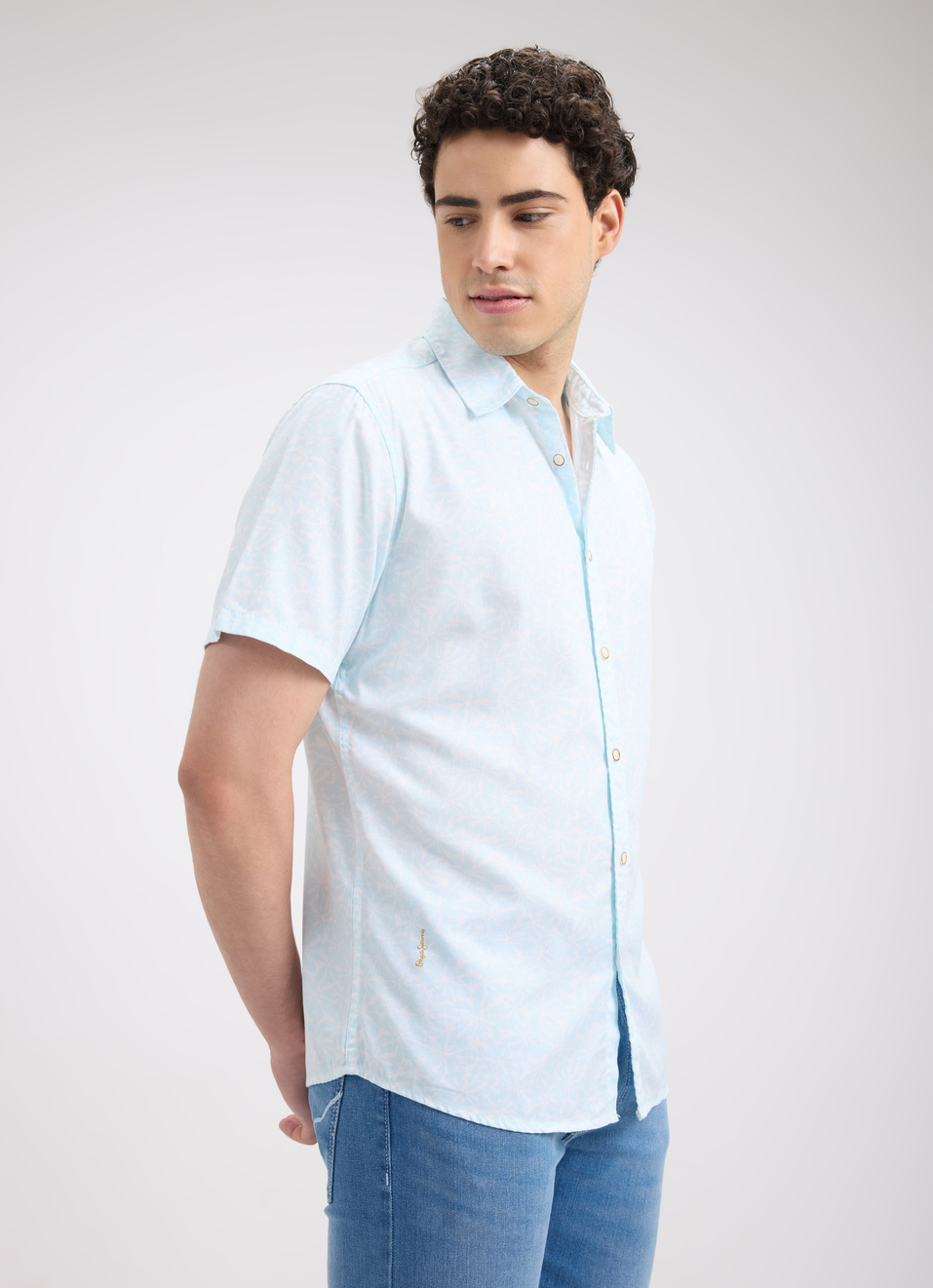 Men Blue Floral Print Short Sleeve Shirt, , large image number 3
