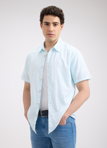 Men Blue Floral Print Short Sleeve Shirt