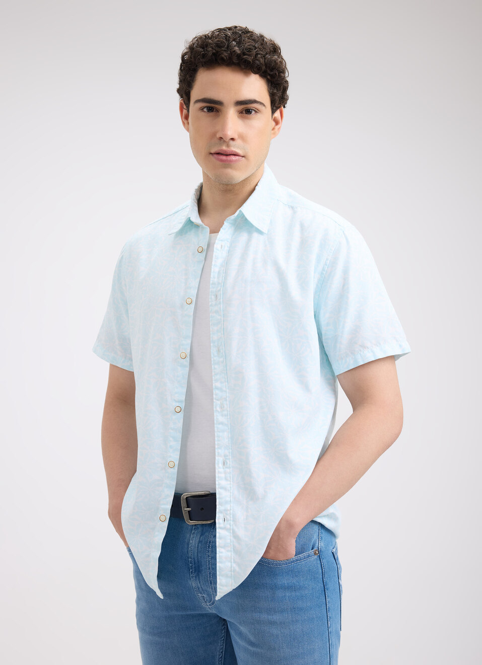Men Blue Floral Print Short Sleeve Shirt, , large image number 0