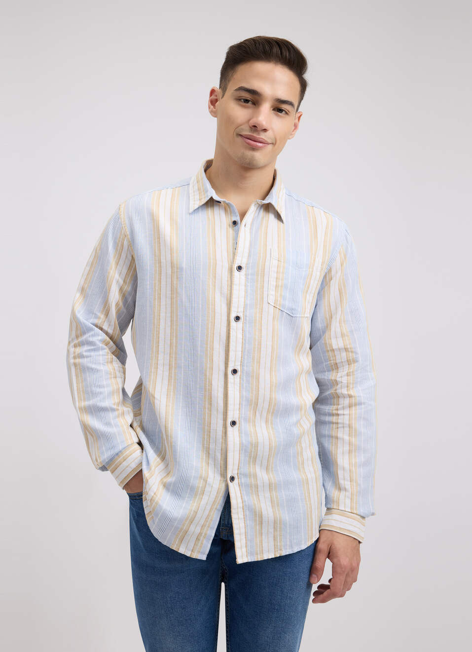 Men Blue Stripe Full Sleeve Shirt, , large image number 1