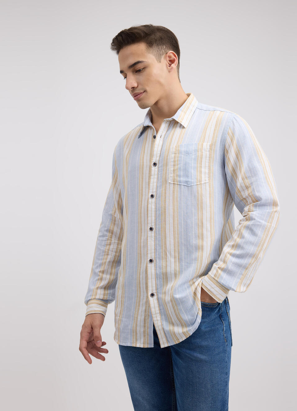 Men Blue Stripe Full Sleeve Shirt, , large image number 3