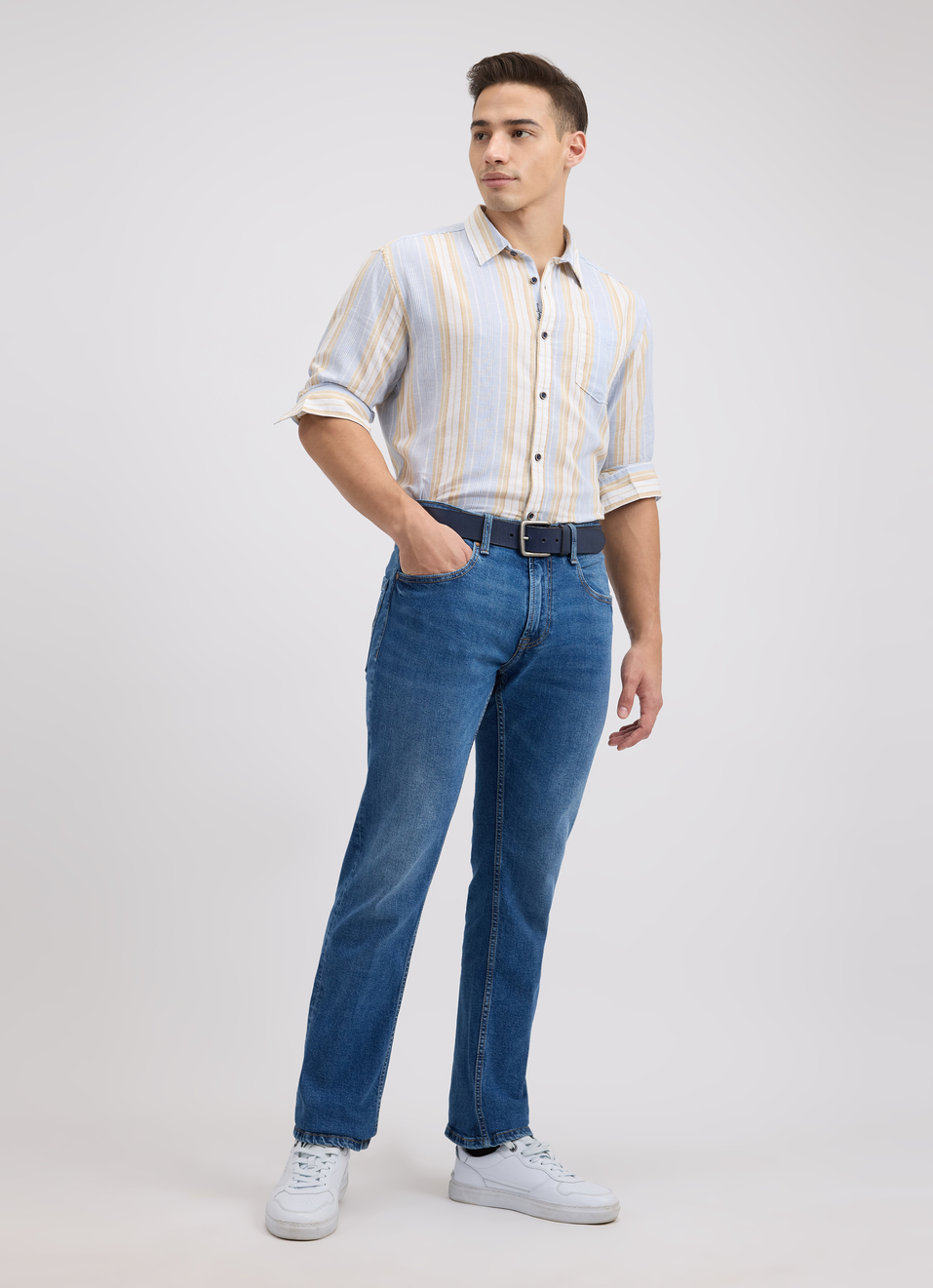 Men Blue Stripe Full Sleeve Shirt, , large image number 5