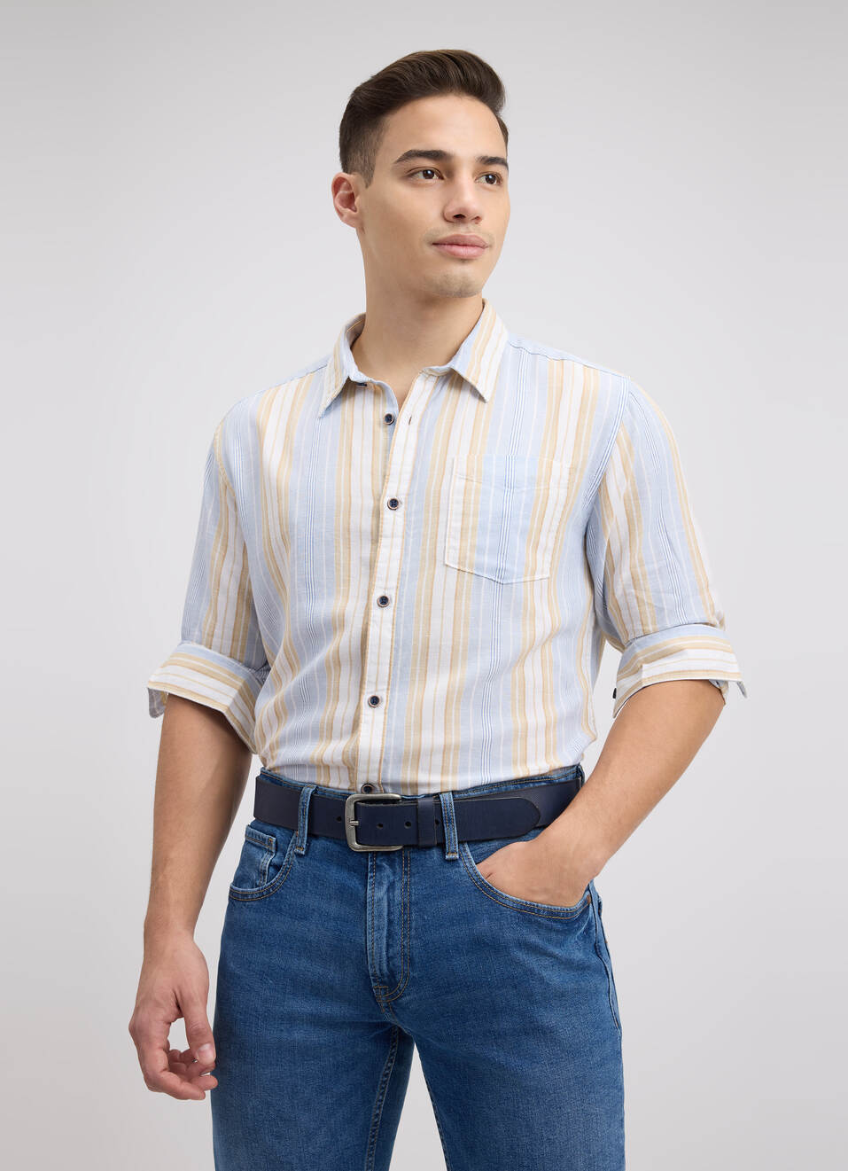 Men Blue Stripe Full Sleeve Shirt, , large image number 0