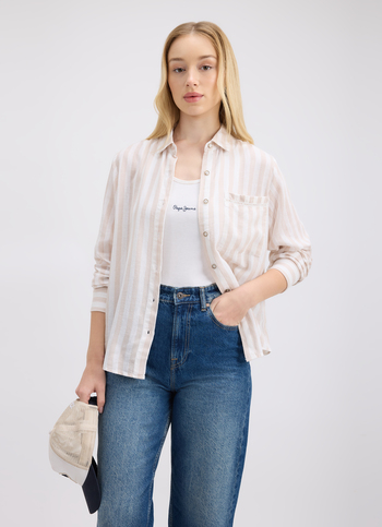 Women Beige Vertical Stripe Full Sleeve Shirt