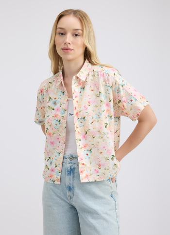 Women Beige Floral Print Short Sleeve Shirt