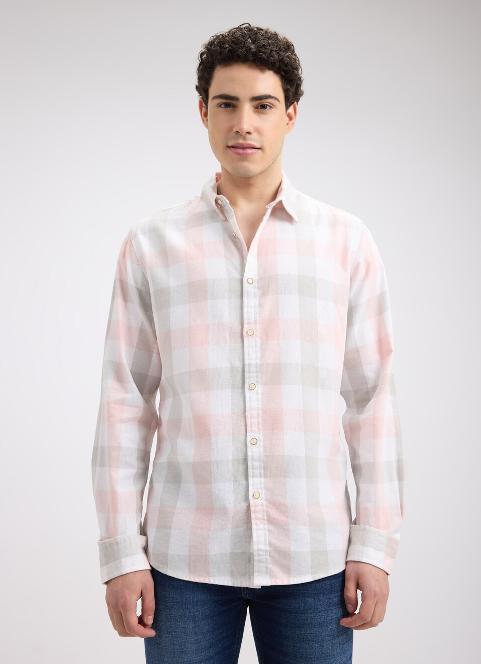 Men Peach Check Full Sleeve Shirt, , large image number 1