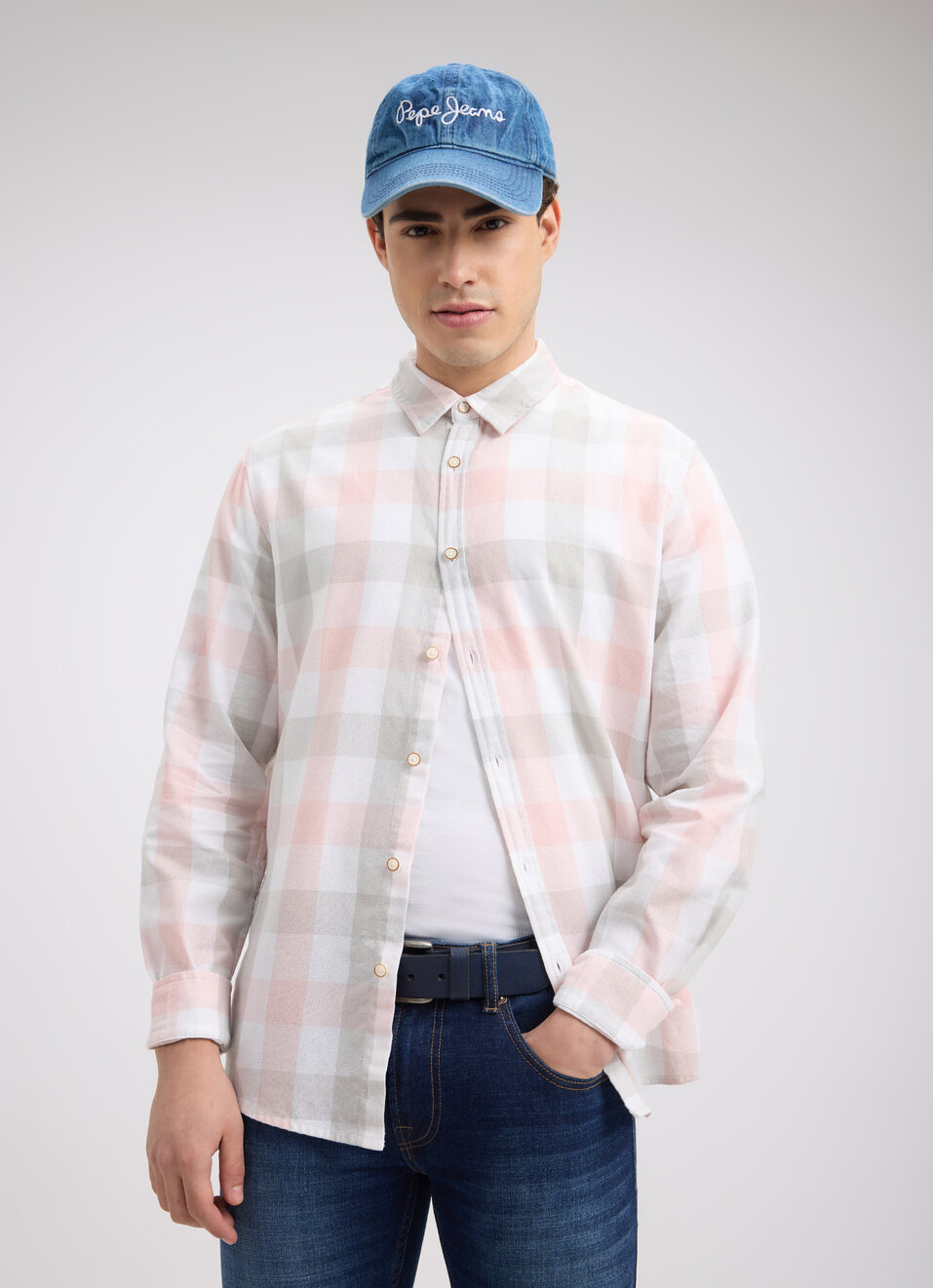 Men Peach Check Full Sleeve Shirt, , large image number 0