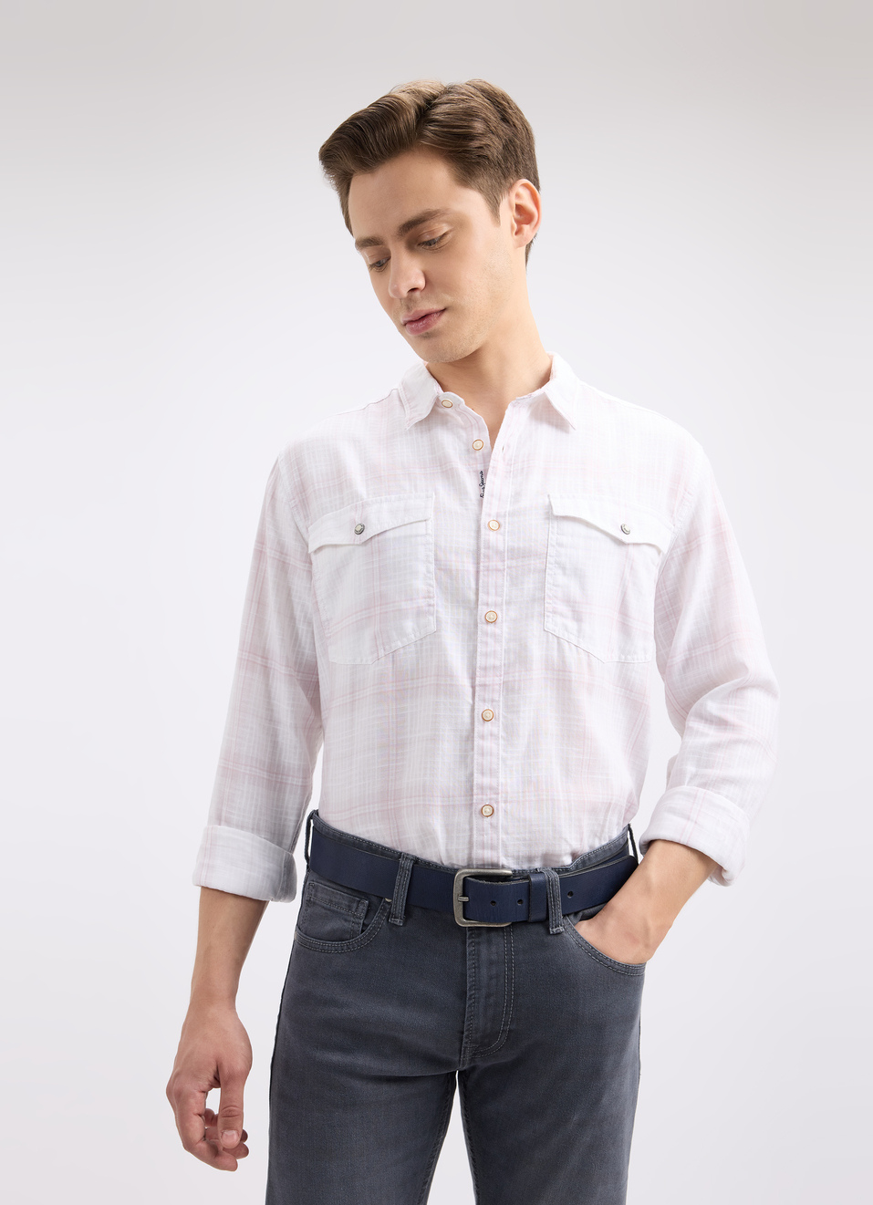 Men White Check Full Sleeve Shirt, , large image number 0