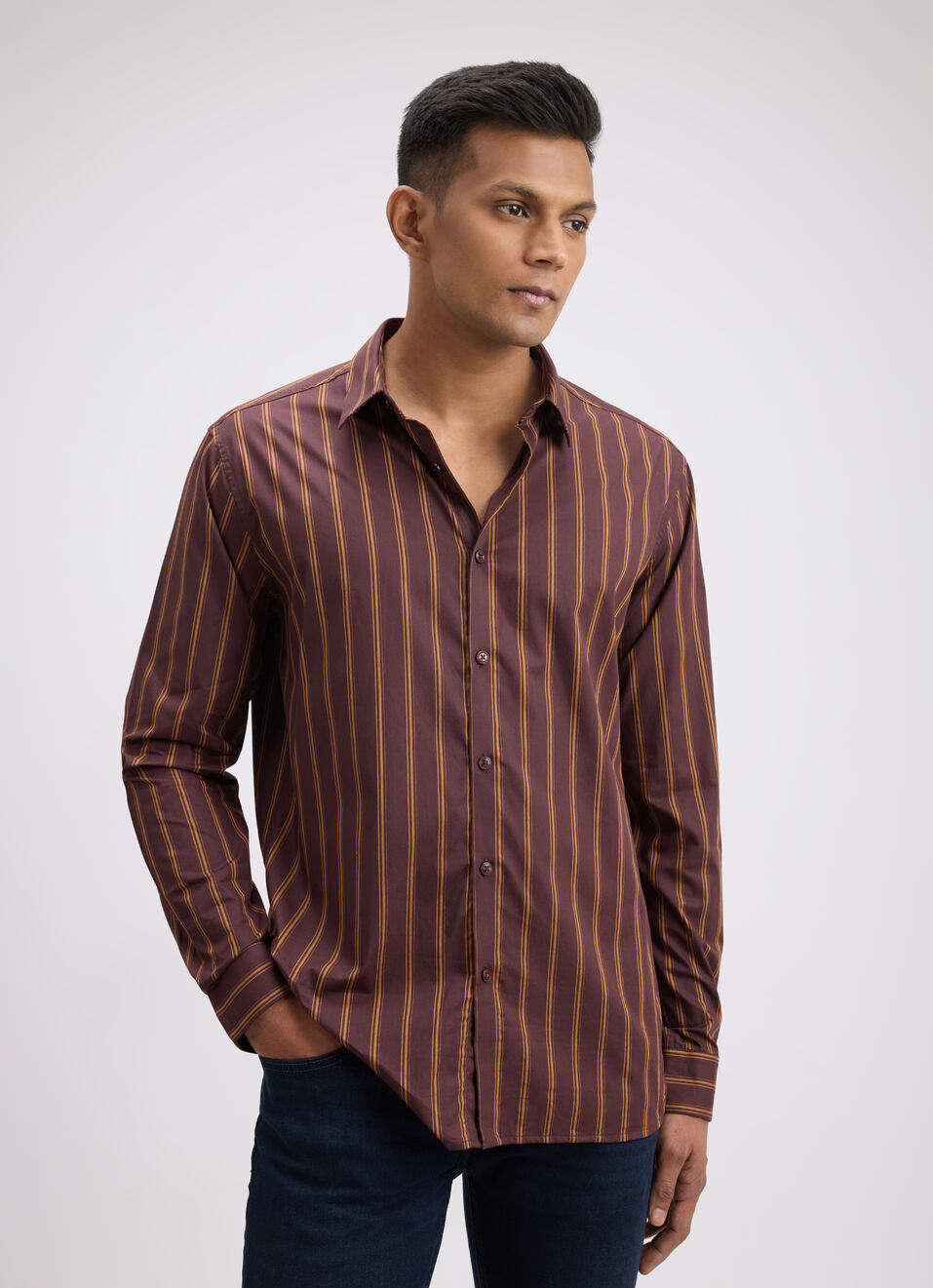 Men Brown Stripe Full Sleeve Shirt, , large image number 1
