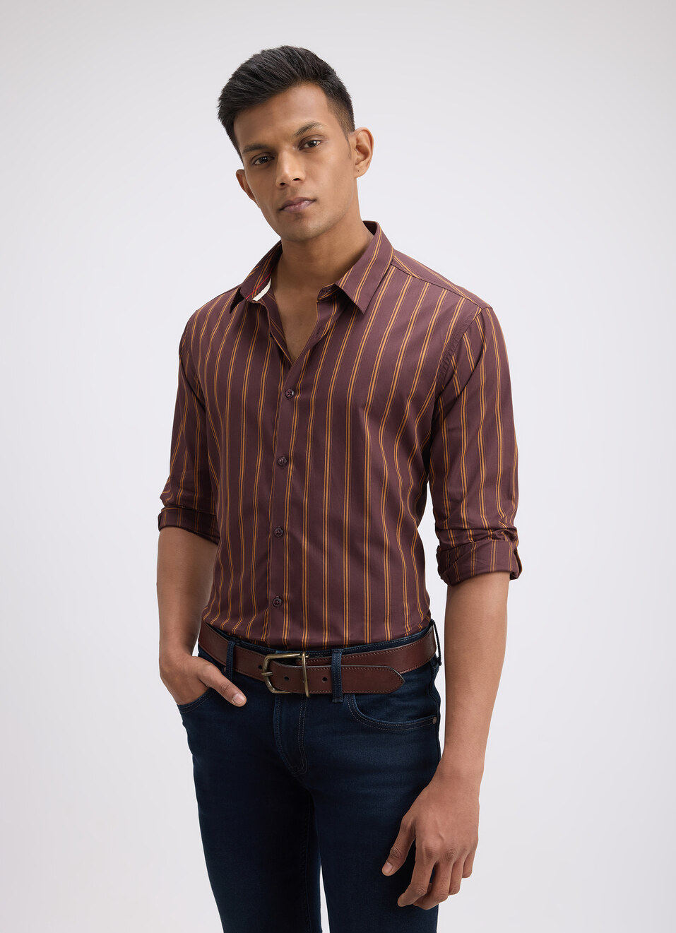 Men Brown Stripe Full Sleeve Shirt, , large image number 0