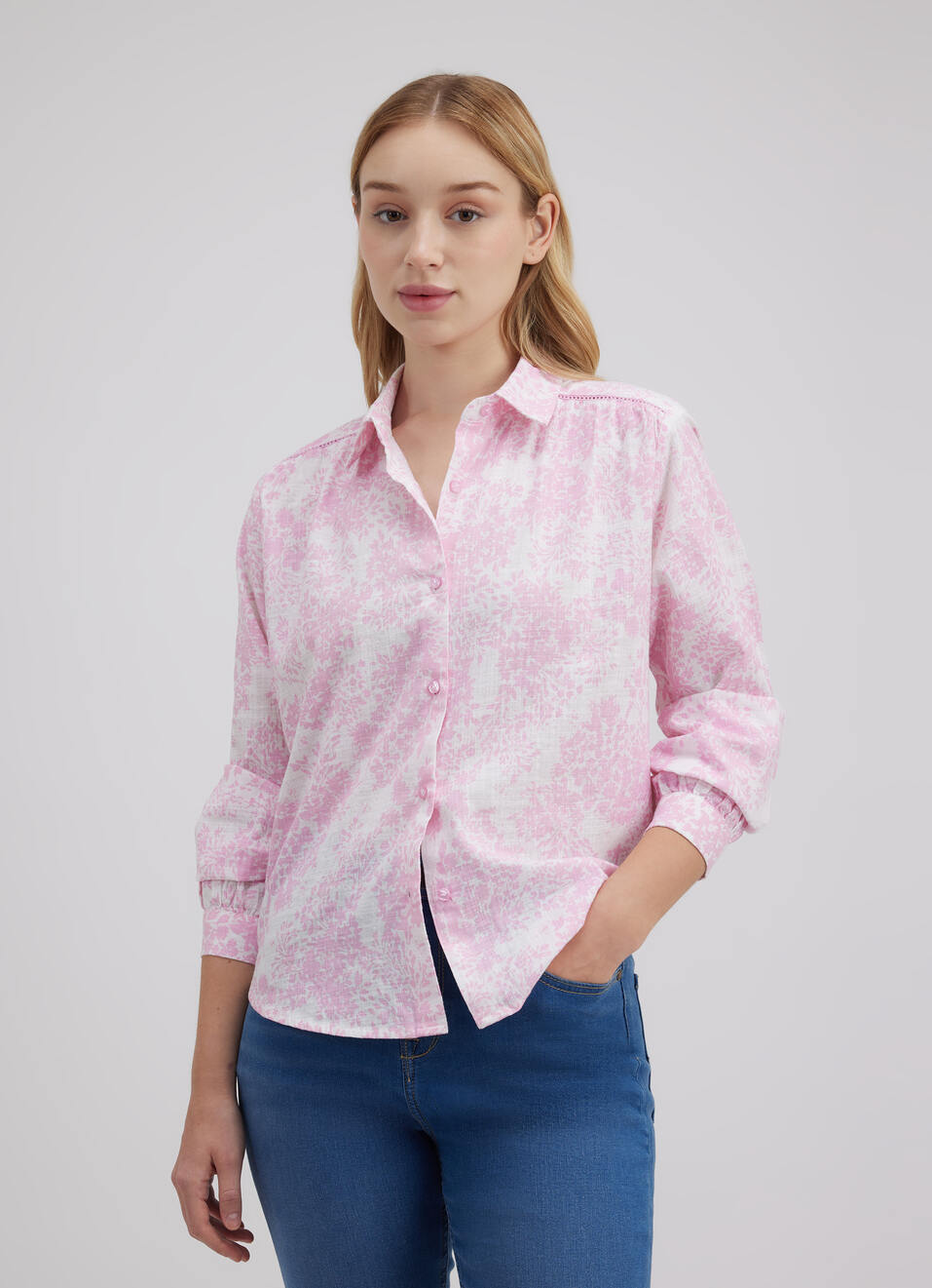 Women Pink Floral Print Full Sleeve Shirt, , large image number 0