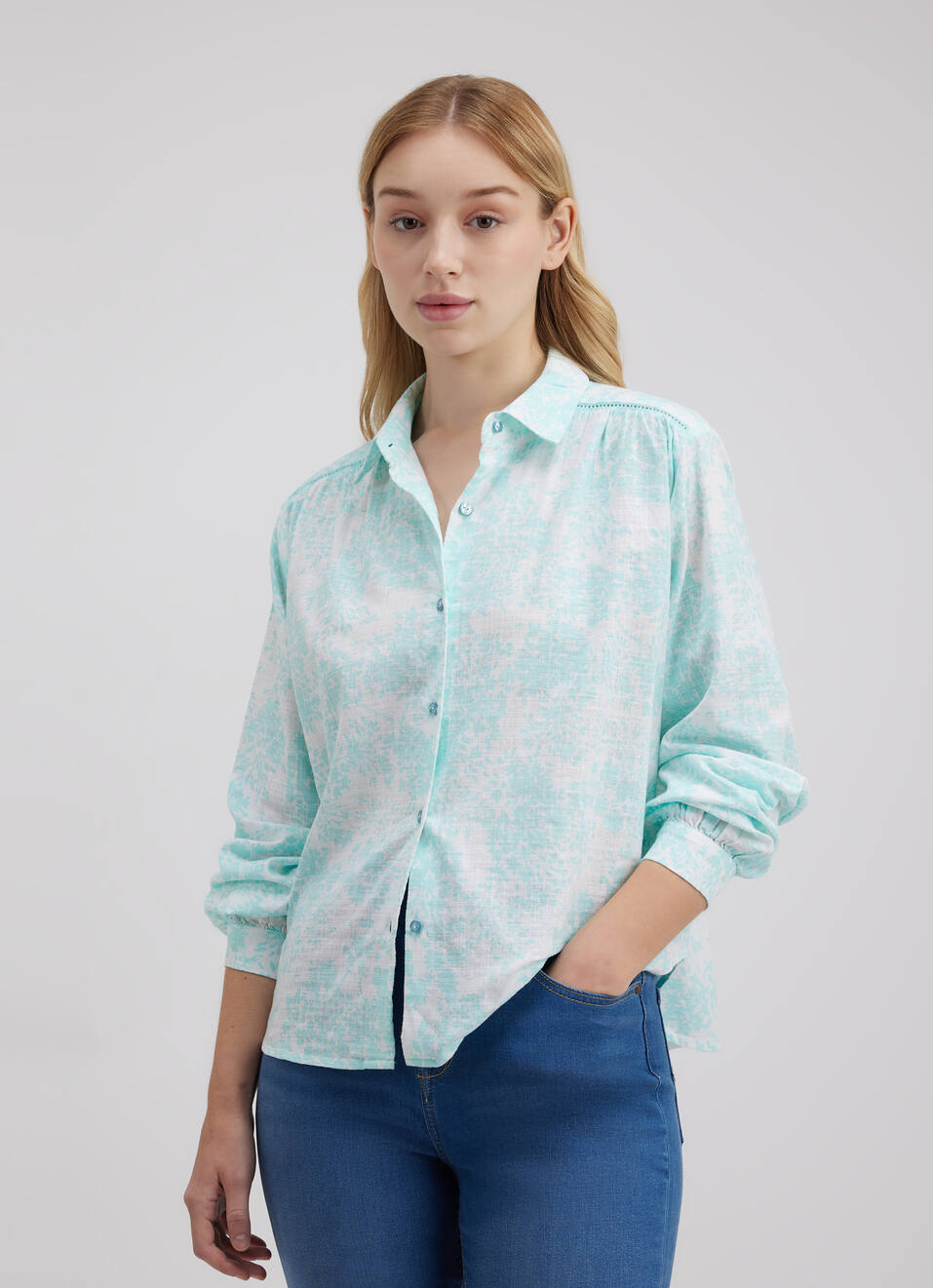 Women Blue Floral Print Full Sleeve Shirt, , large image number 0